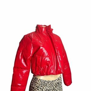 Red Cropped Puffer Jacket - Women's Shiny Winter Coat